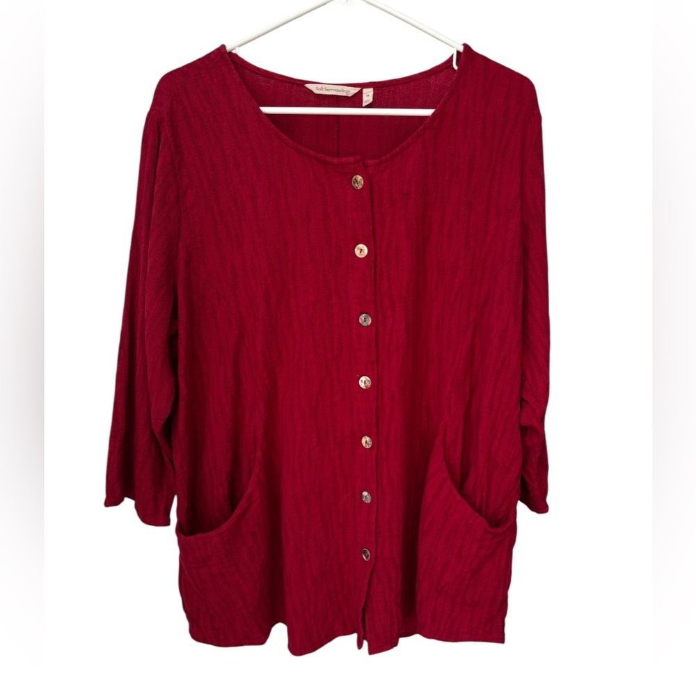Soft Surroundings Ellis Tunic Top Women’s 1X Red Button Up Cotton Gauze